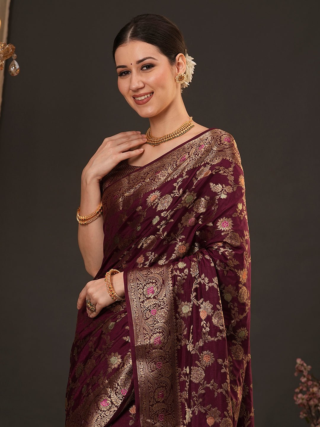 Wine Silk Blend Banarasi Style Saree - Ressa