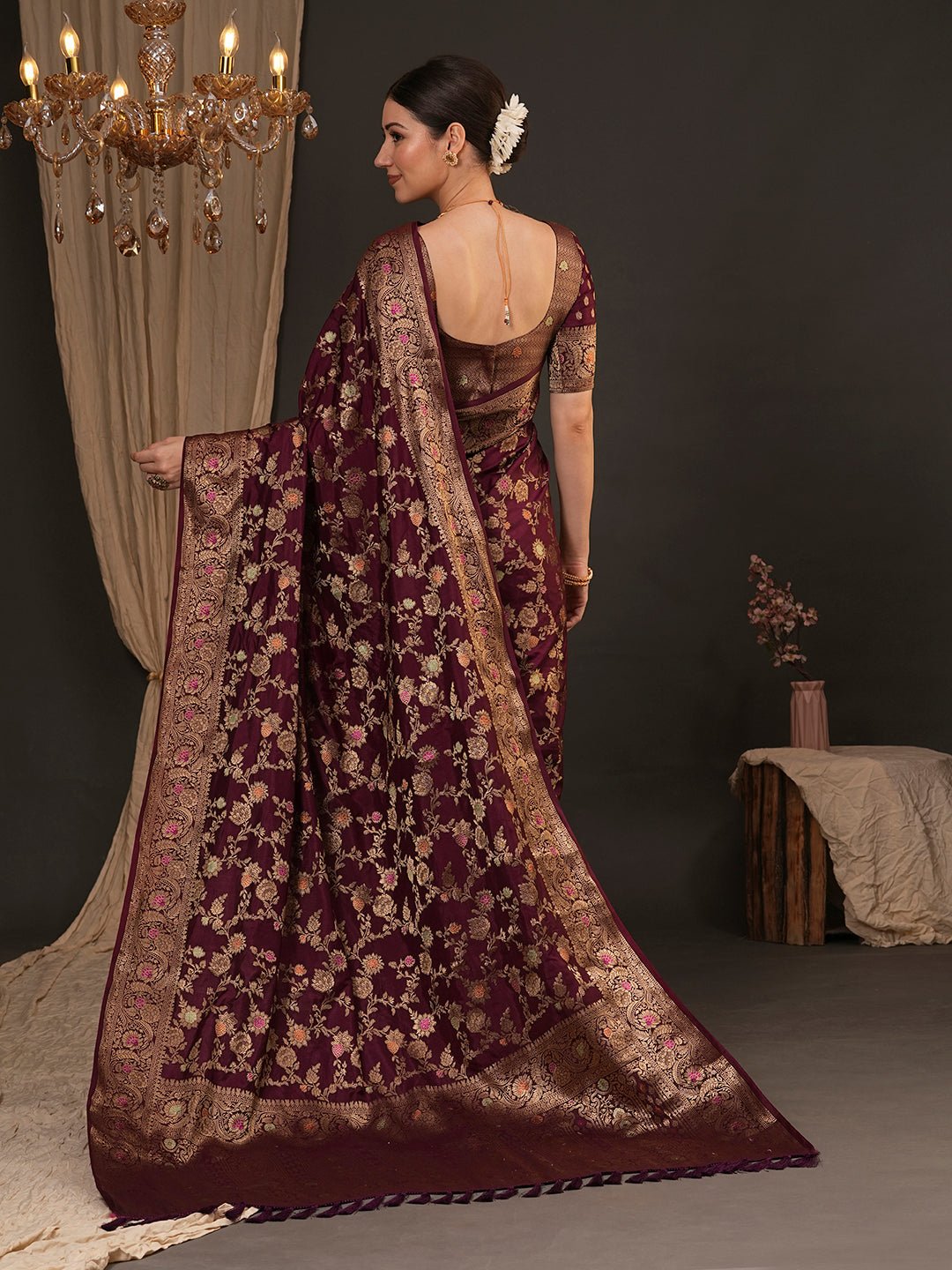 Wine Silk Blend Banarasi Style Saree - Ressa