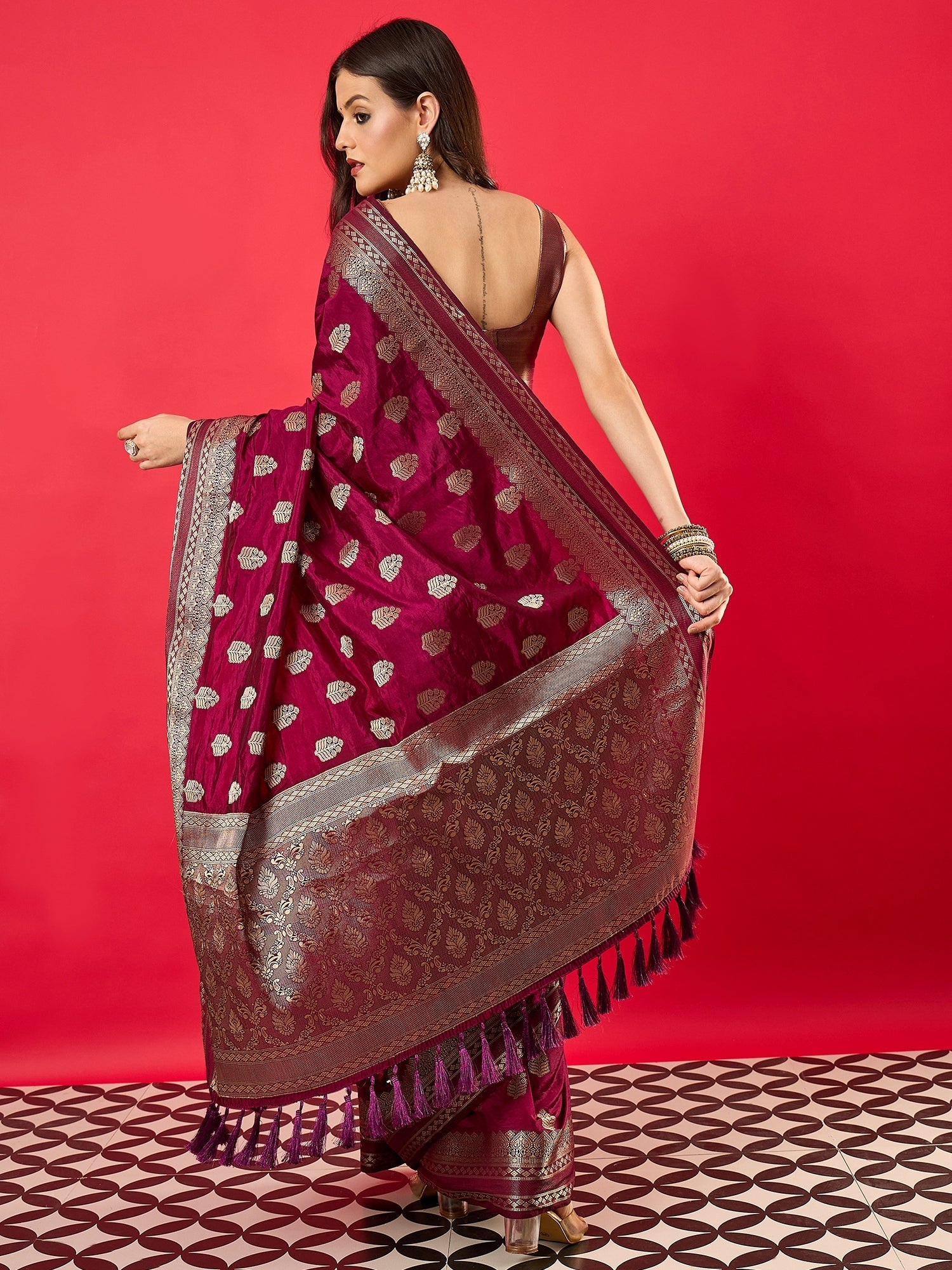 Wine Silk Blend Heritage Banarasi Style Saree - Ressa