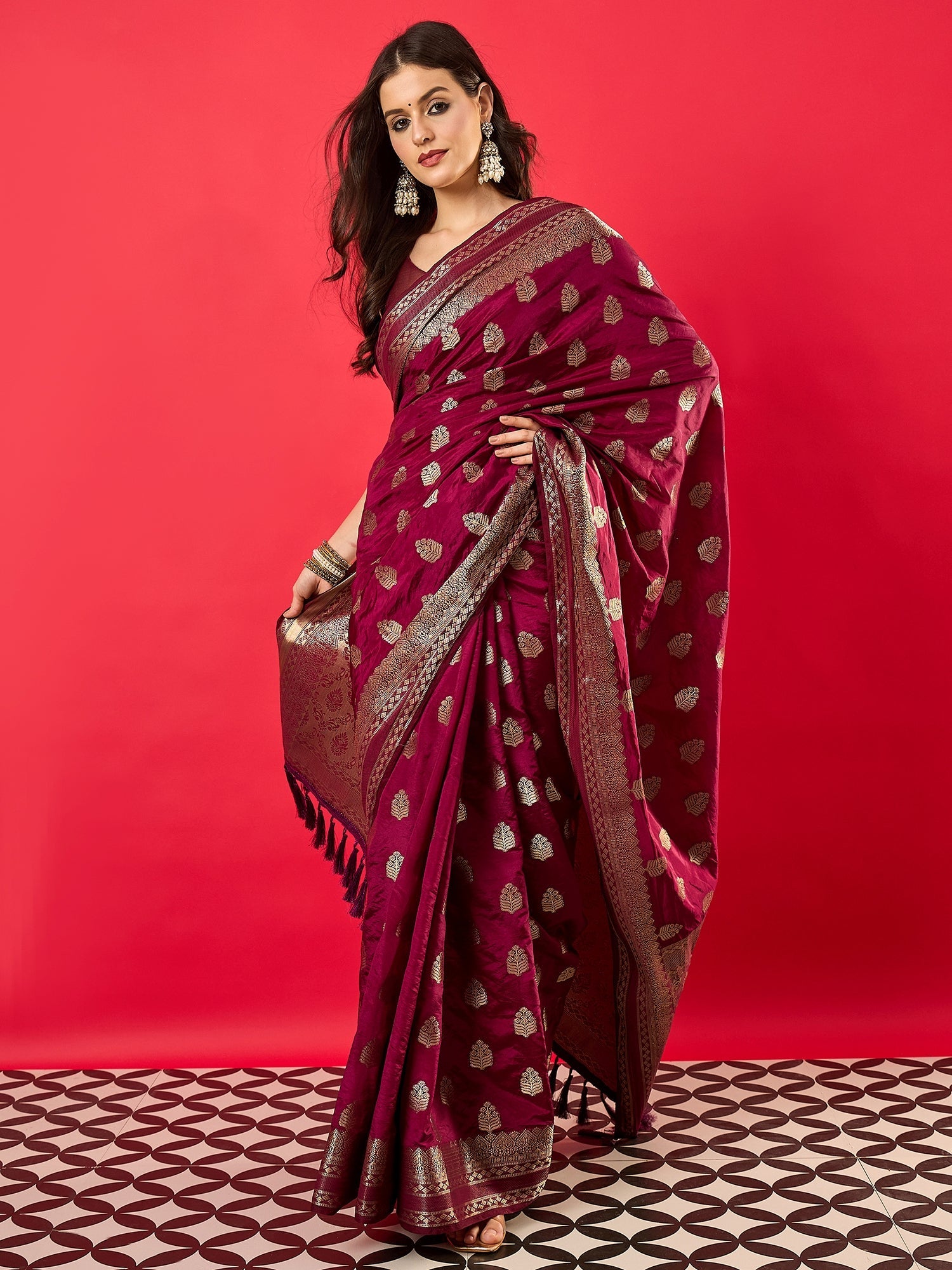 Wine Silk Blend Heritage Banarasi Style Saree - Ressa