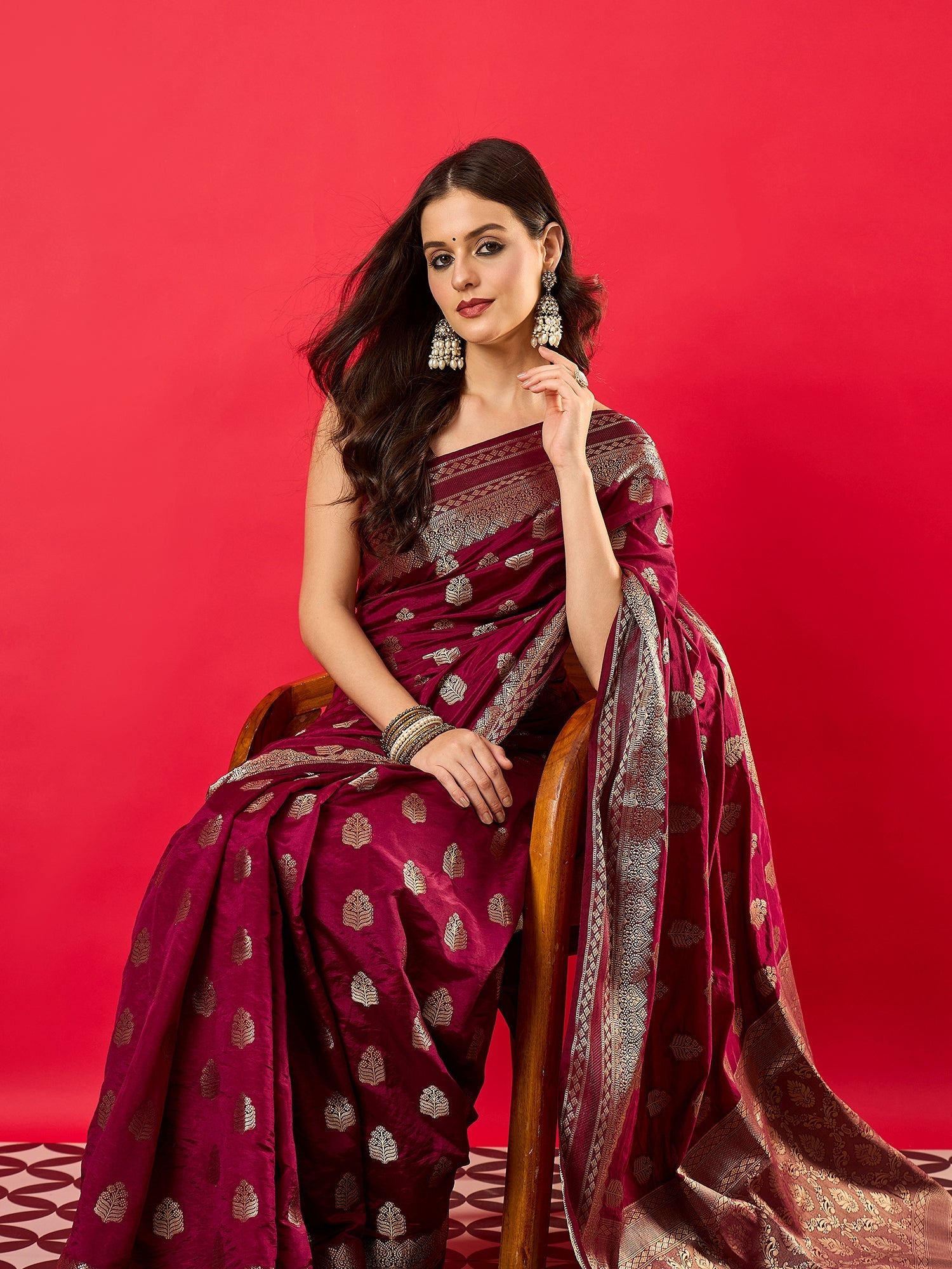 Wine Silk Blend Heritage Banarasi Style Saree - Ressa