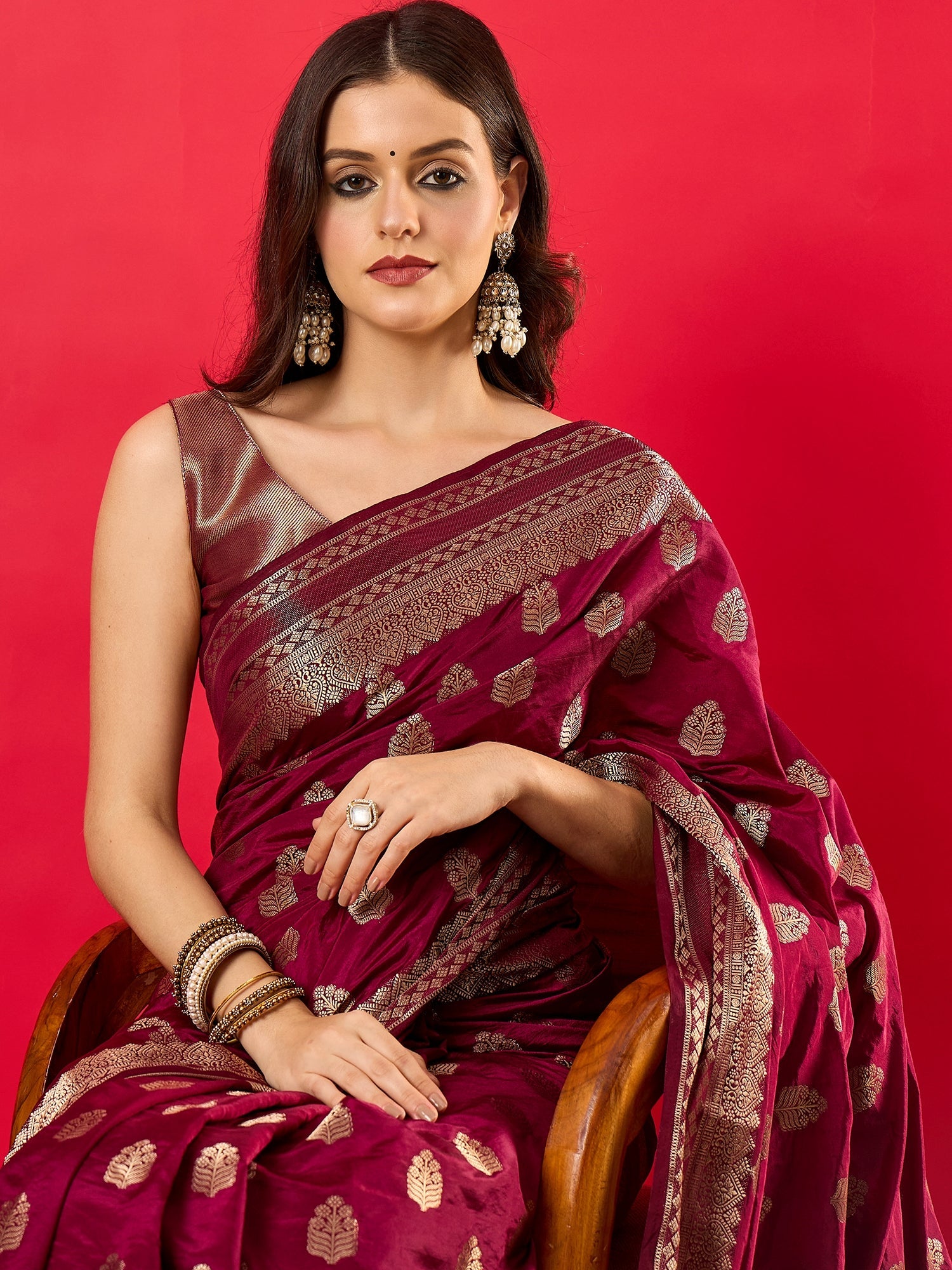 Wine Silk Blend Heritage Banarasi Style Saree - Ressa