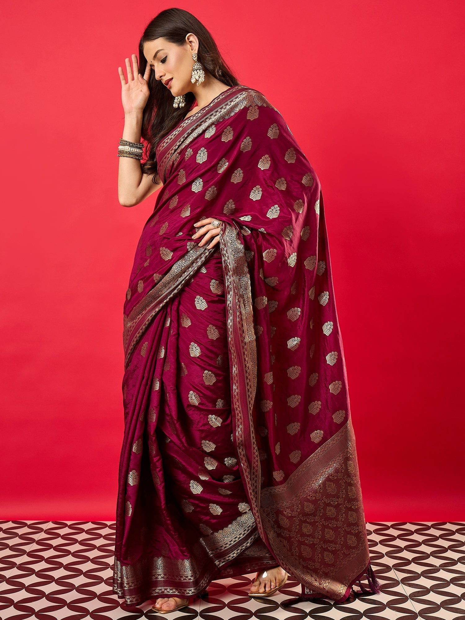 Wine Silk Blend Heritage Banarasi Style Saree - Ressa