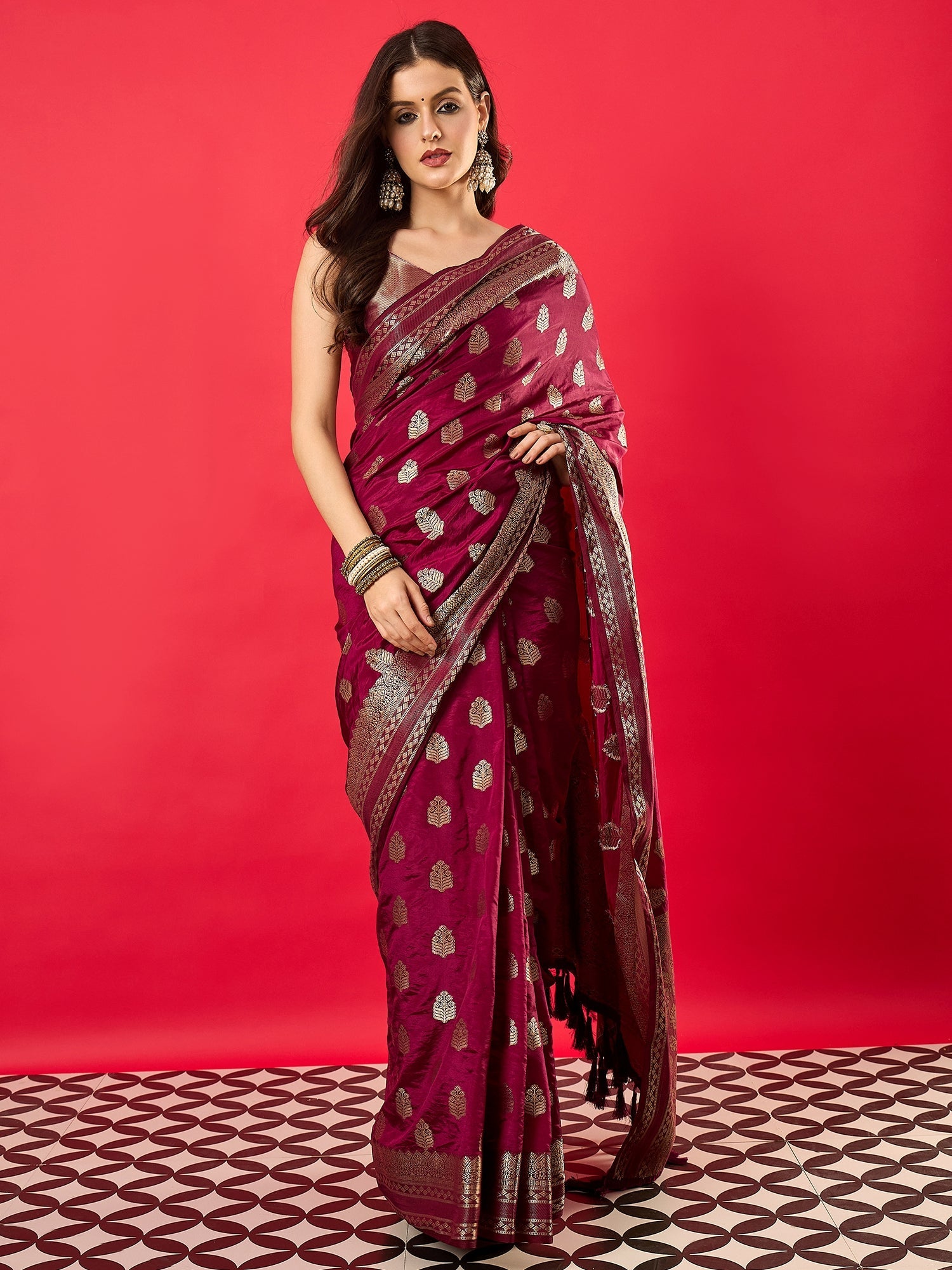 Wine Silk Blend Heritage Banarasi Style Saree - Ressa