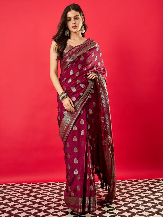 Wine Silk Blend Heritage Banarasi Style Saree - Ressa