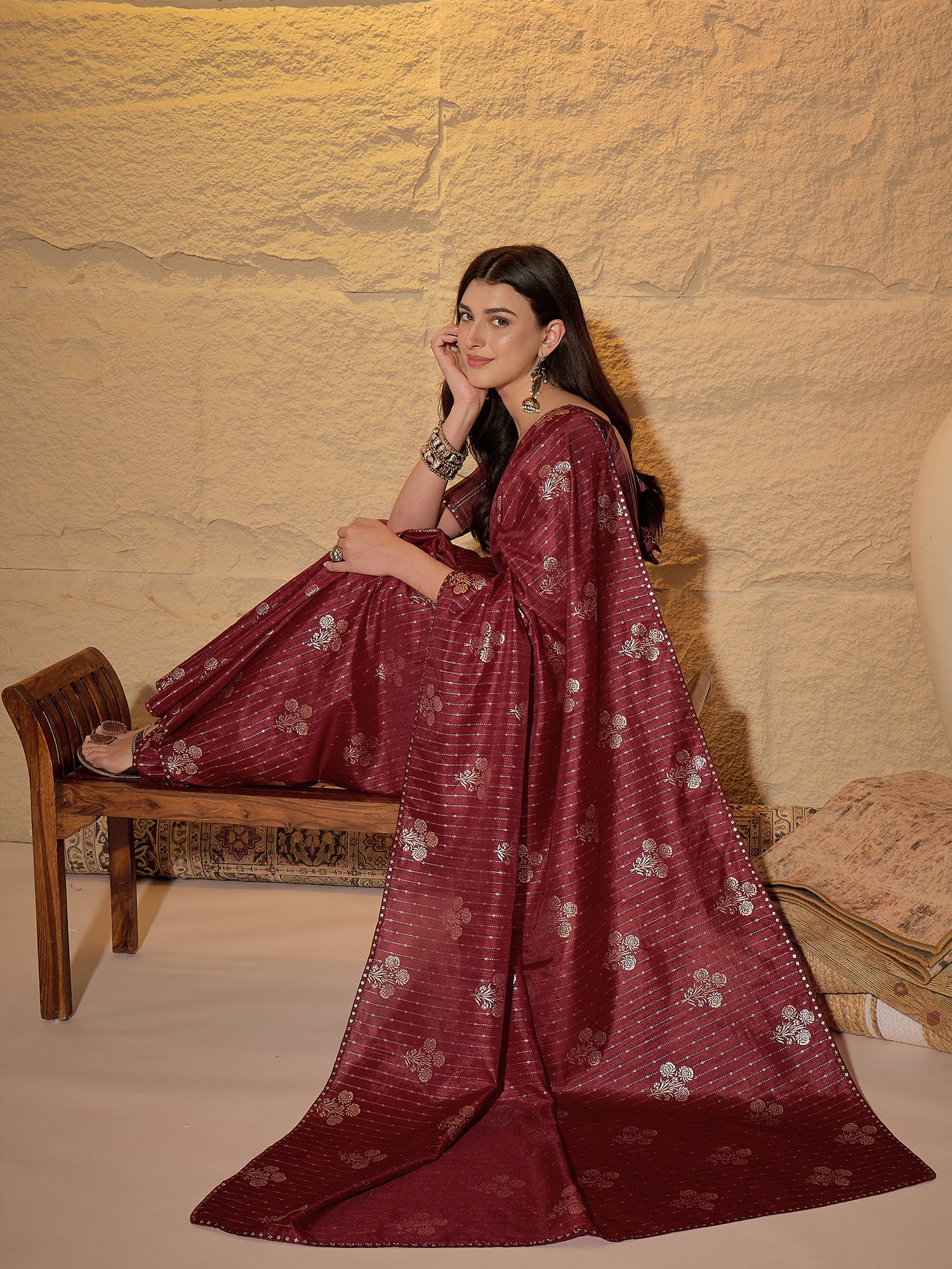 Wine Silk Blend Silver Foil Print Saree - Ressa