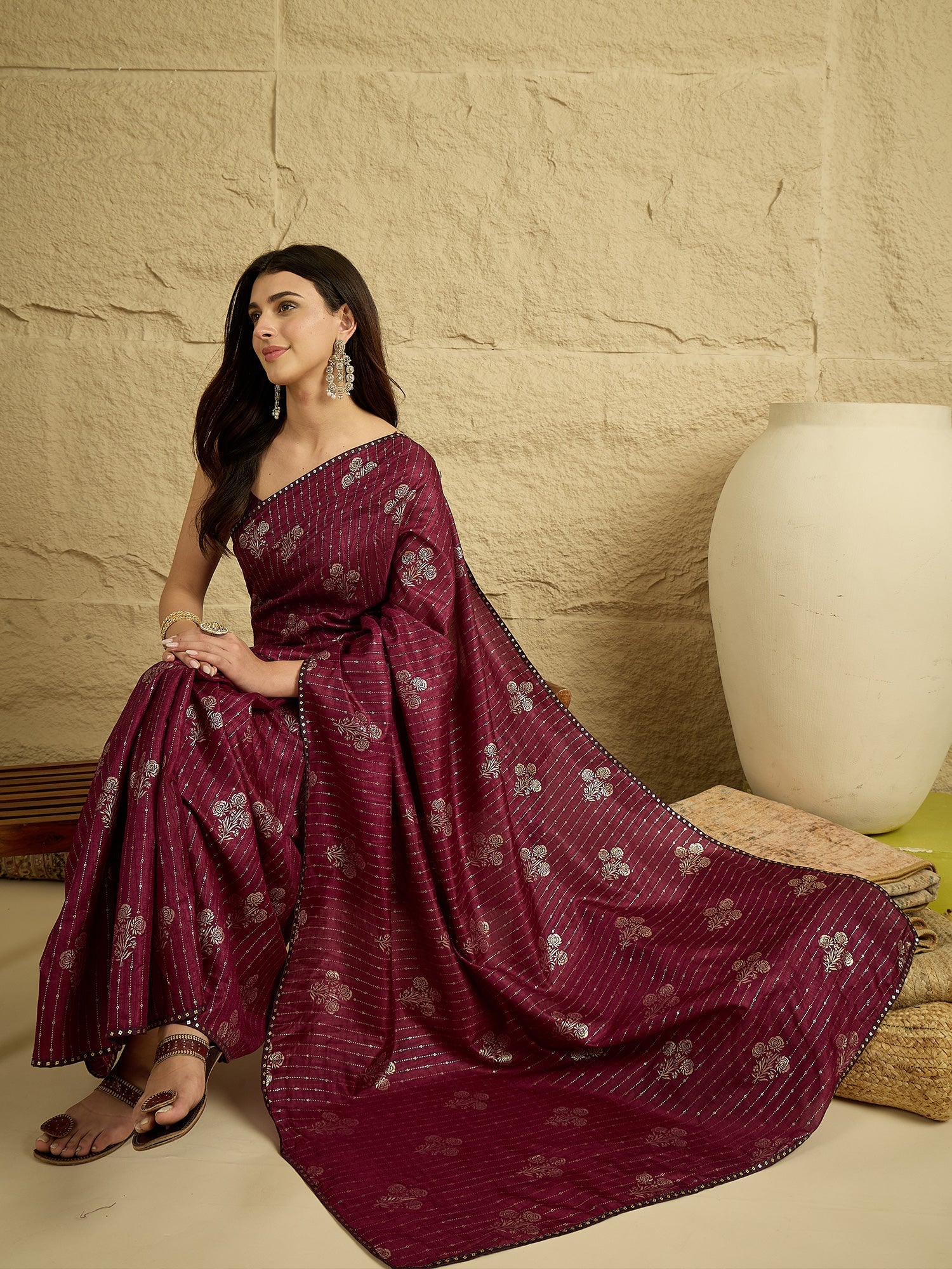 Wine Silk Blend Silver Foil Print Saree - Ressa
