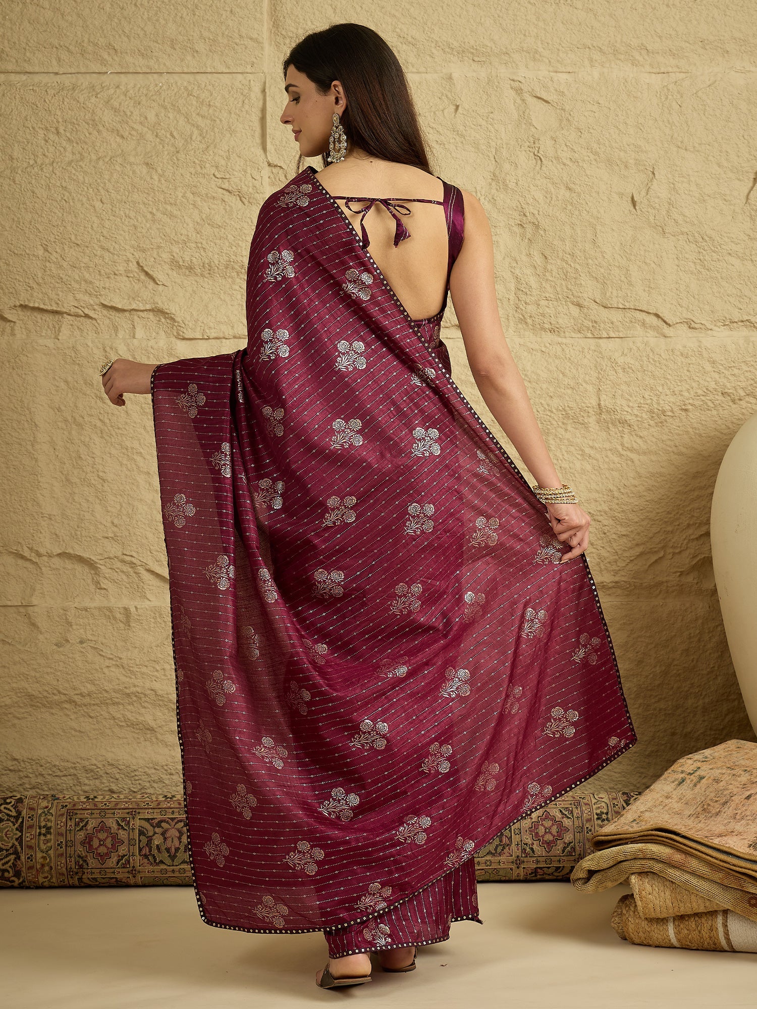 Wine Silk Blend Silver Foil Print Saree - Ressa