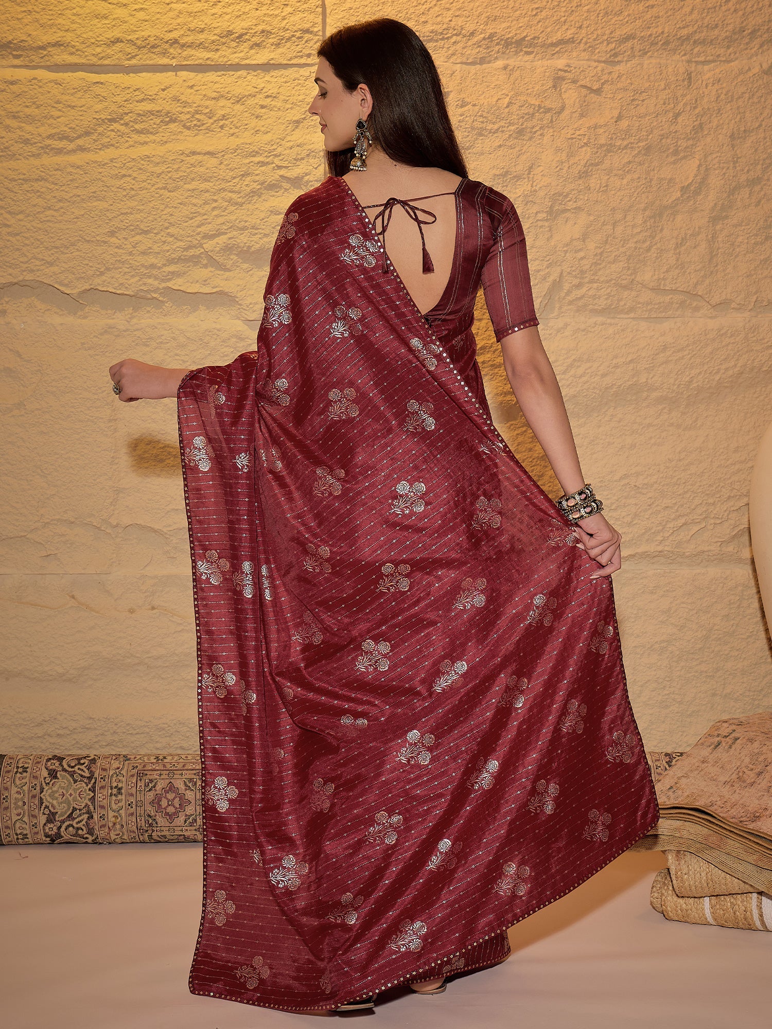 Wine Silk Blend Silver Foil Print Saree - Ressa