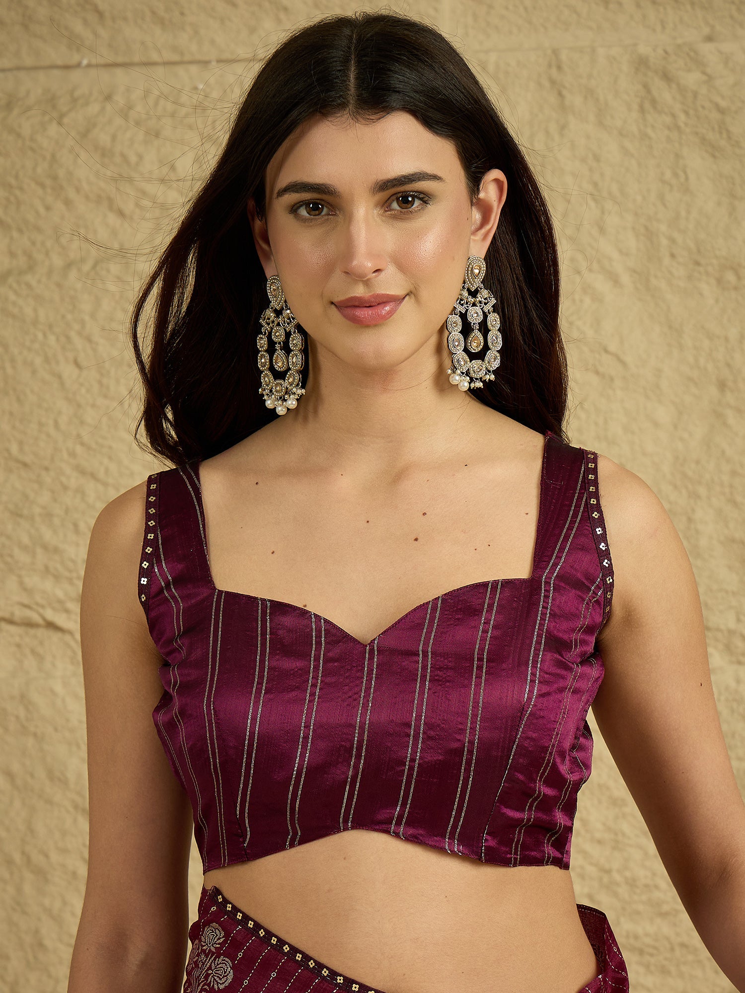 Wine Silk Blend Silver Foil Print Saree - Ressa
