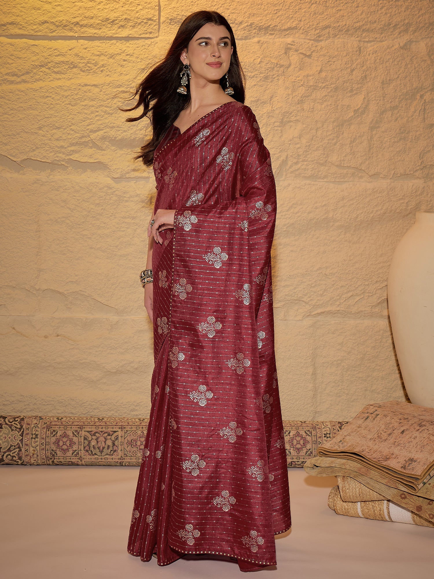 Wine Silk Blend Silver Foil Print Saree - Ressa