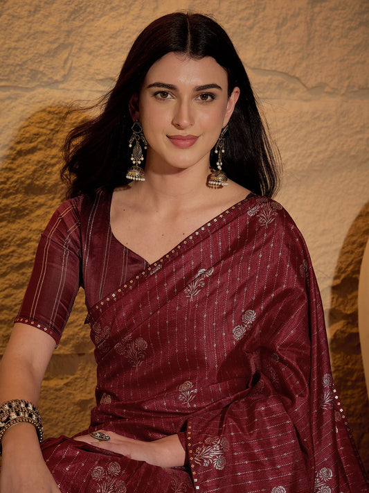 Wine Silk Blend Silver Foil Print Saree - Ressa