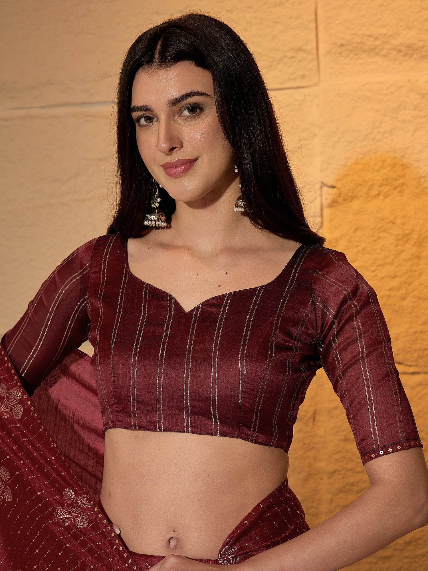 Wine Silk Blend Silver Foil Print Saree - Ressa