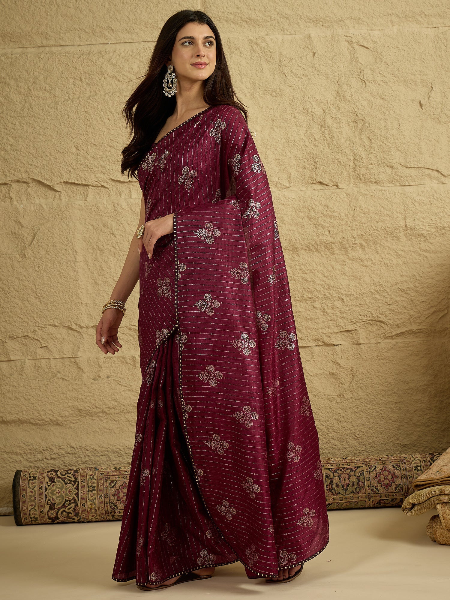Wine Silk Blend Silver Foil Print Saree - Ressa