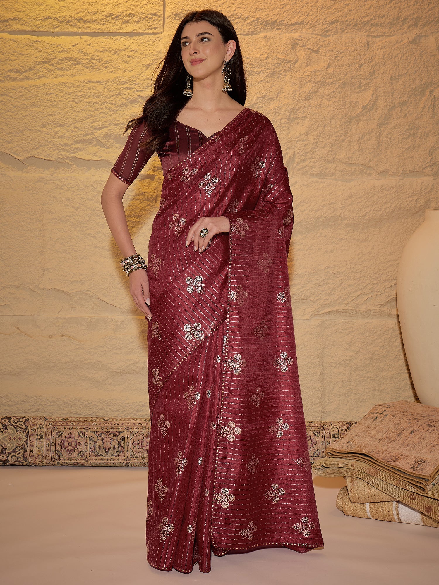 Wine Silk Blend Silver Foil Print Saree - Ressa