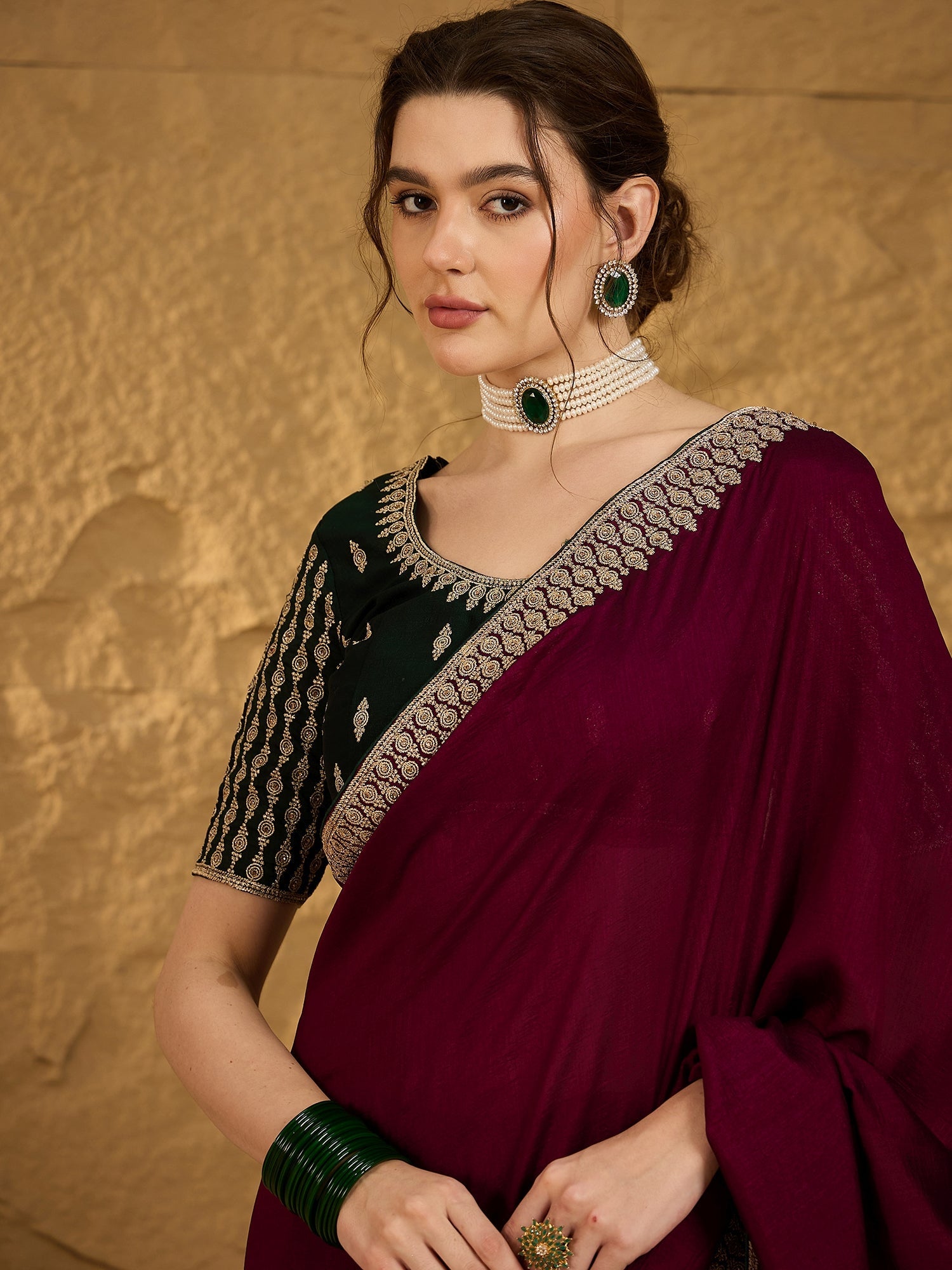 Wine Silk Blend Solid Textured Saree - Ressa