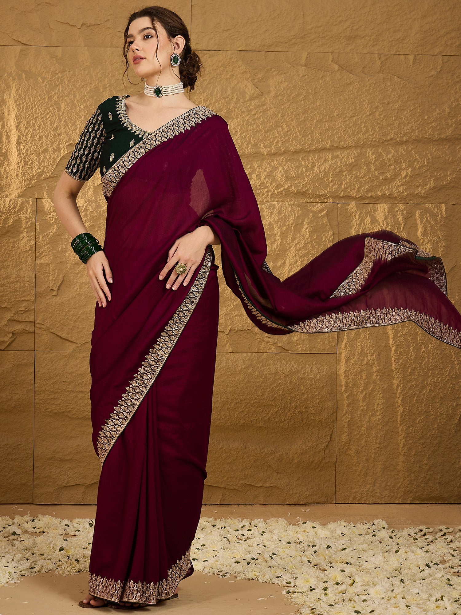 Wine Silk Blend Solid Textured Saree - Ressa