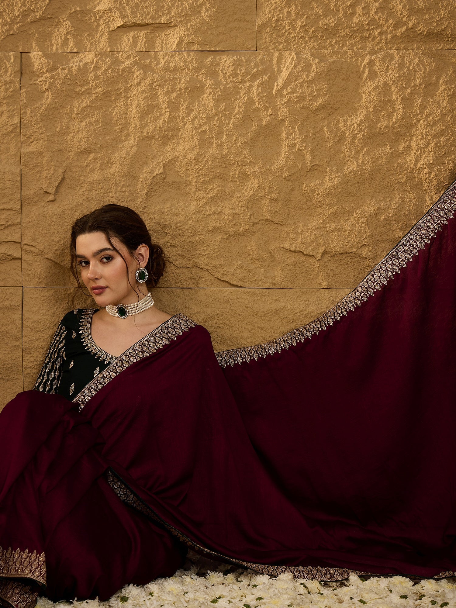 Wine Silk Blend Solid Textured Saree - Ressa