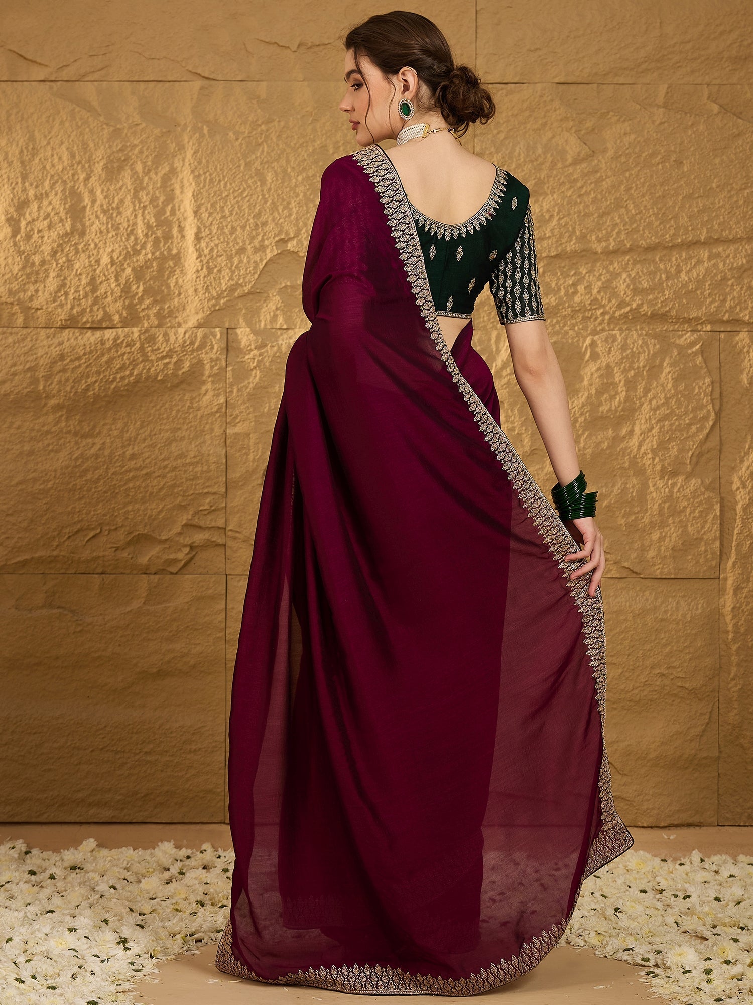 Wine Silk Blend Solid Textured Saree - Ressa