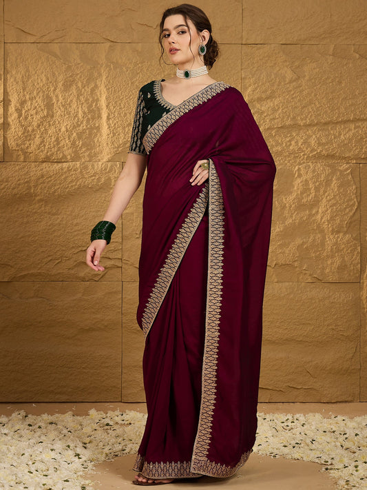 Wine Silk Blend Solid Textured Saree - Ressa
