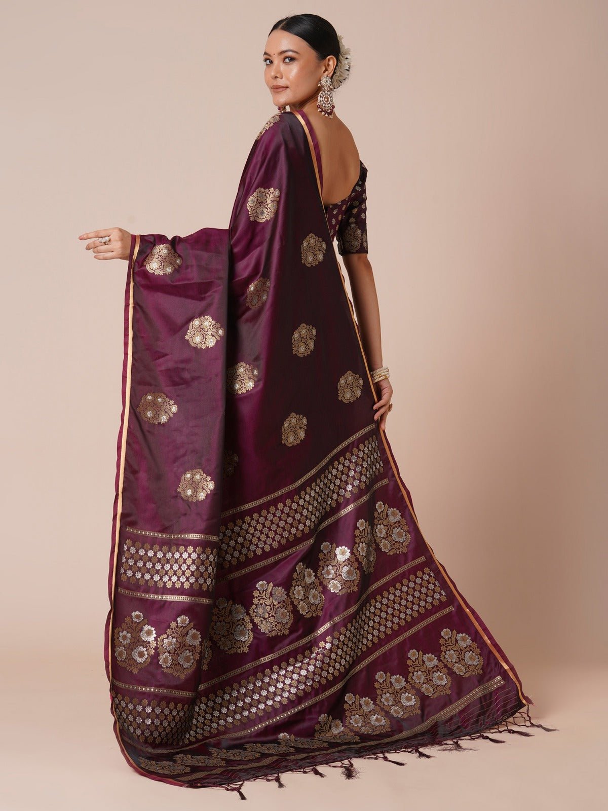 Wine Silk Blend Zari Weaving Heritage Saree - Ressa