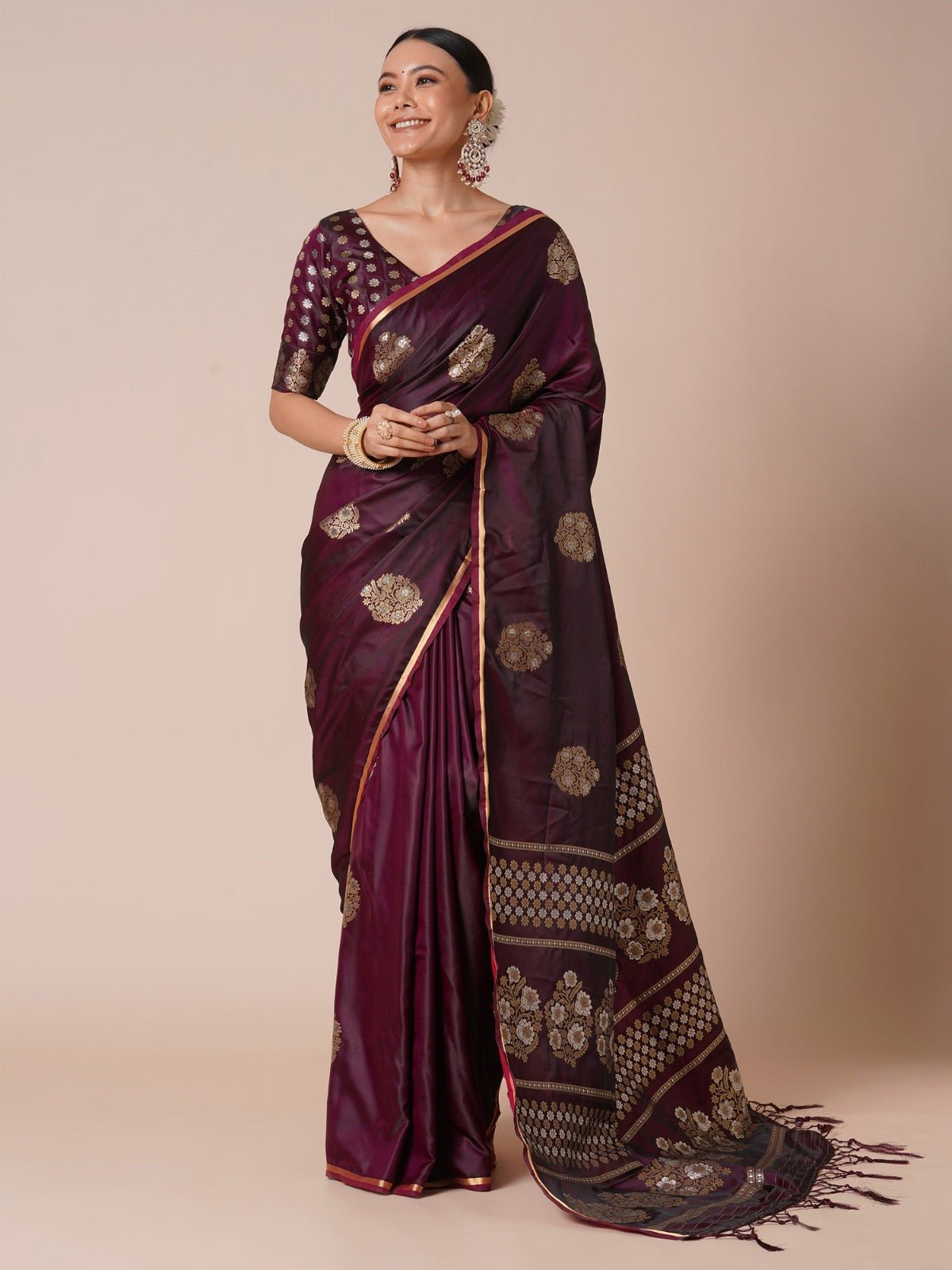 Wine Silk Blend Zari Weaving Heritage Saree - Ressa