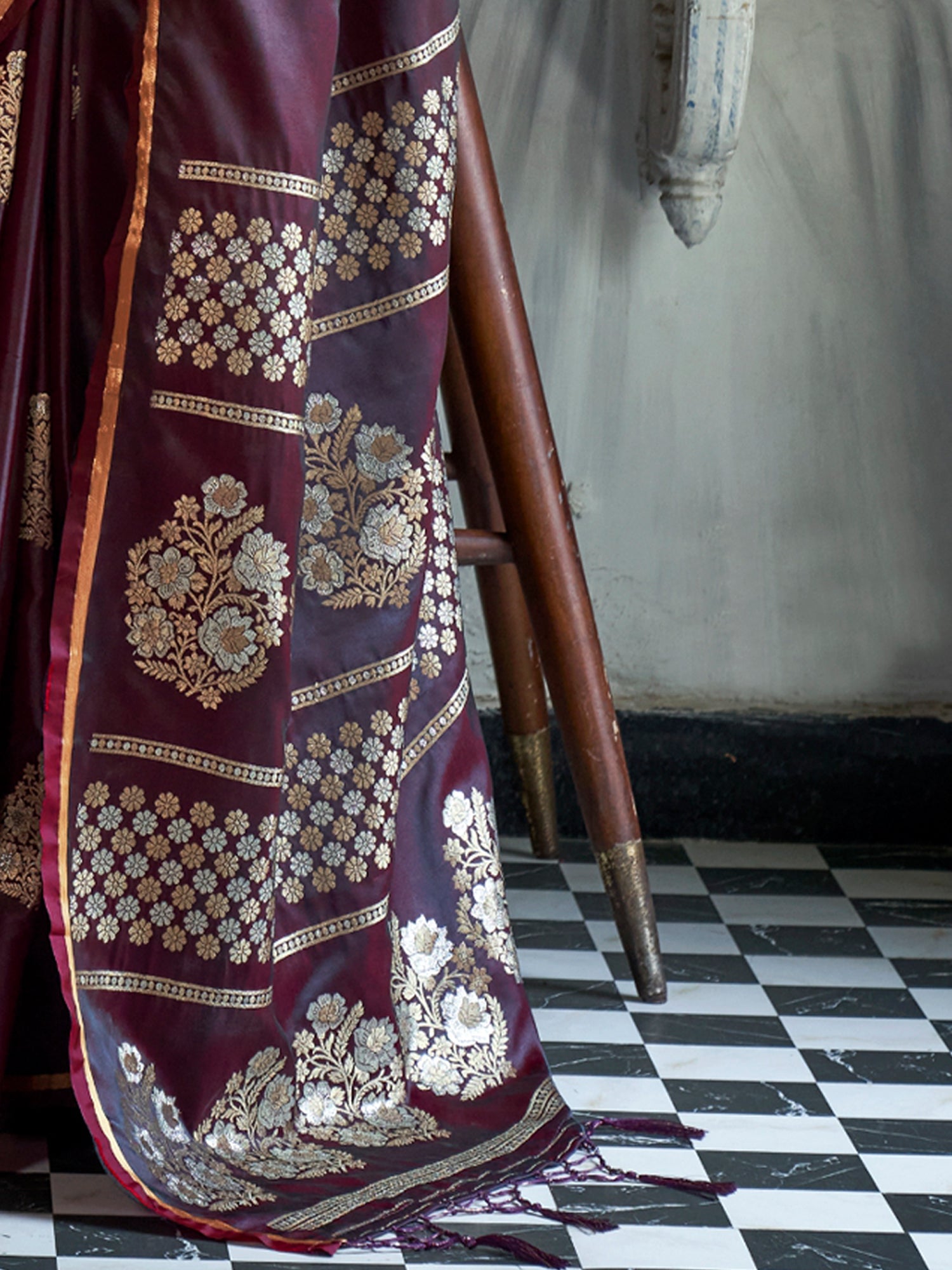 Wine Silk Blend Zari Weaving Heritage Saree - Ressa