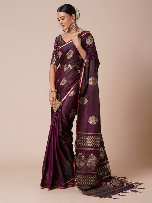 Wine Silk Blend Zari Weaving Heritage Saree - Ressa