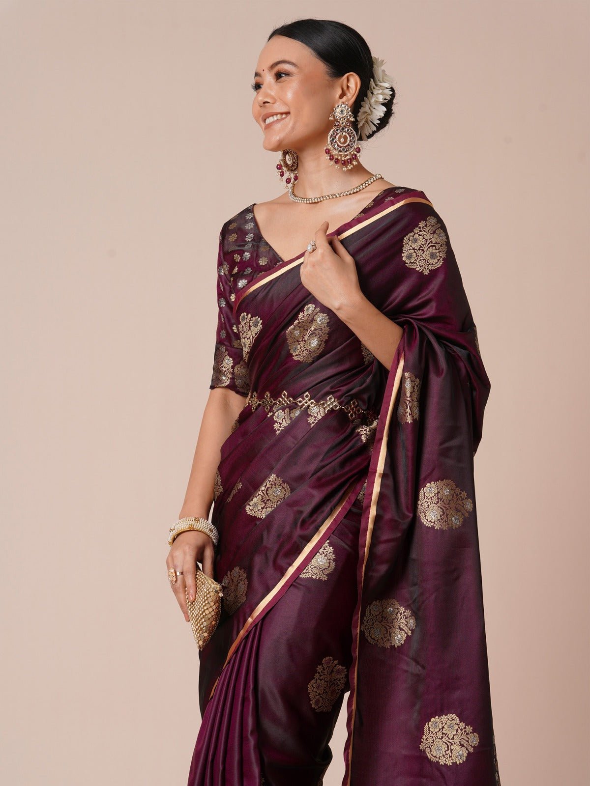 Wine Silk Blend Zari Weaving Heritage Saree - Ressa