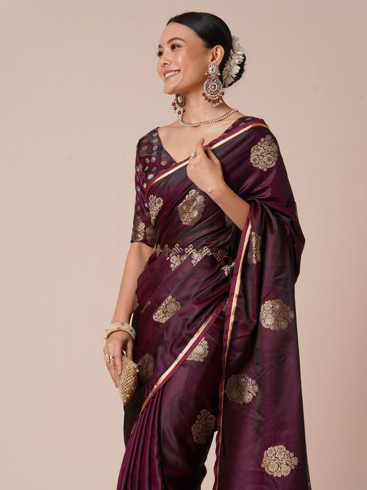 Wine Silk Blend Zari Weaving Heritage Saree - Ressa