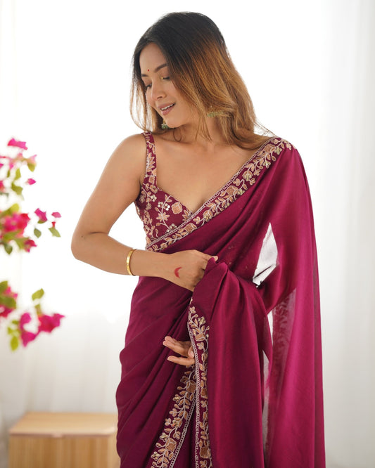 Wine Silk Embroidered Saree - Ressa