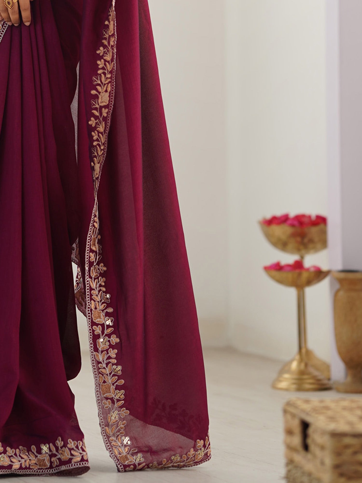 Wine Silk Embroidered Saree - Ressa