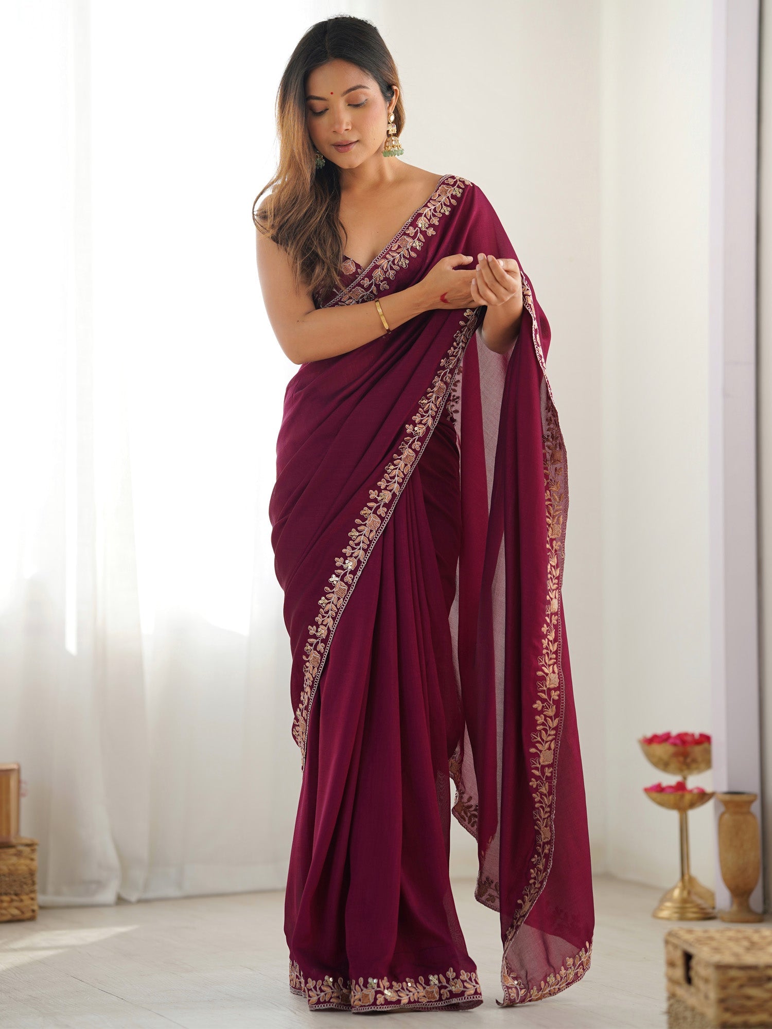 Wine Silk Embroidered Saree - Ressa