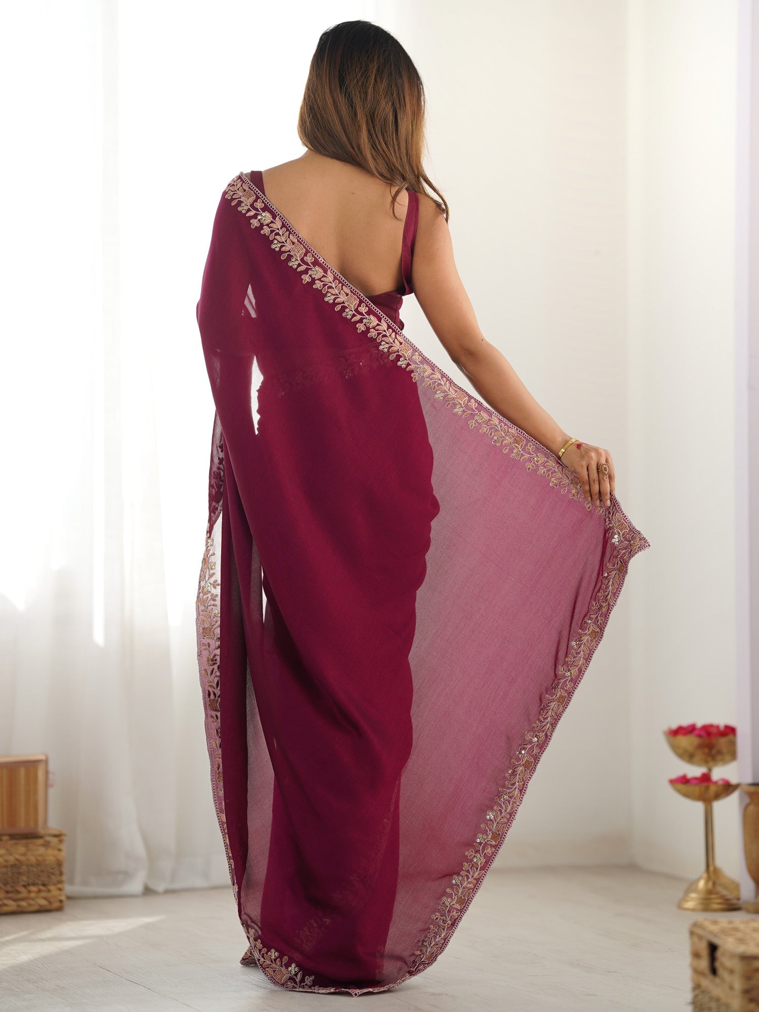 Wine Silk Embroidered Saree - Ressa
