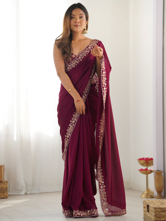 Wine Silk Embroidered Saree - Ressa