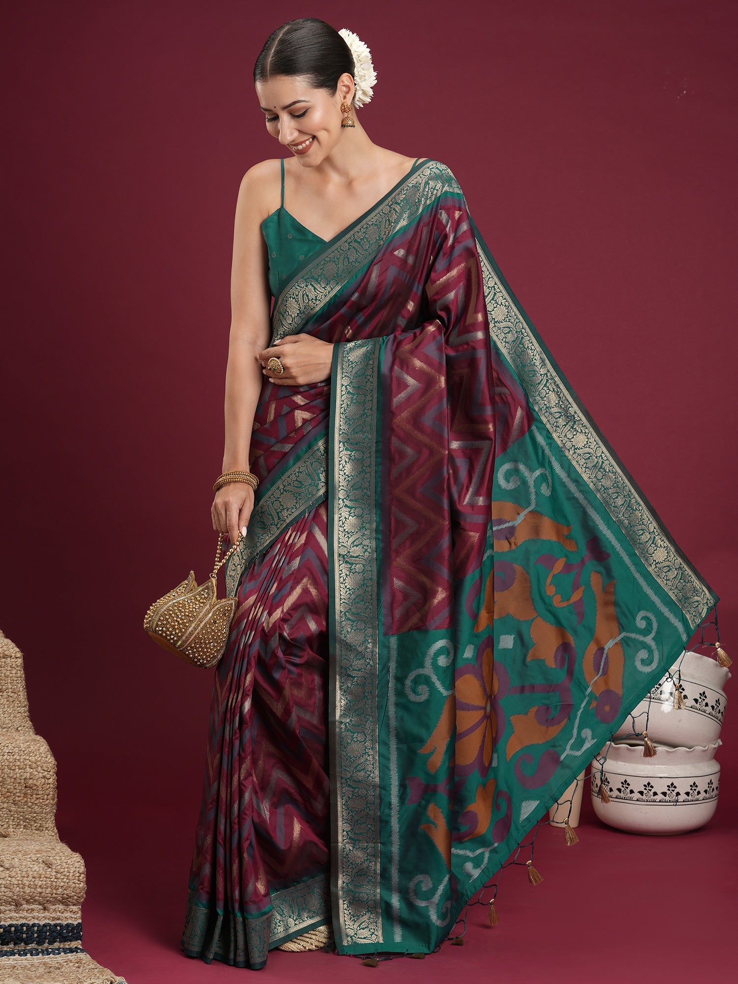 Wine & Teal Banarasi Silk Blend Saree - Ressa