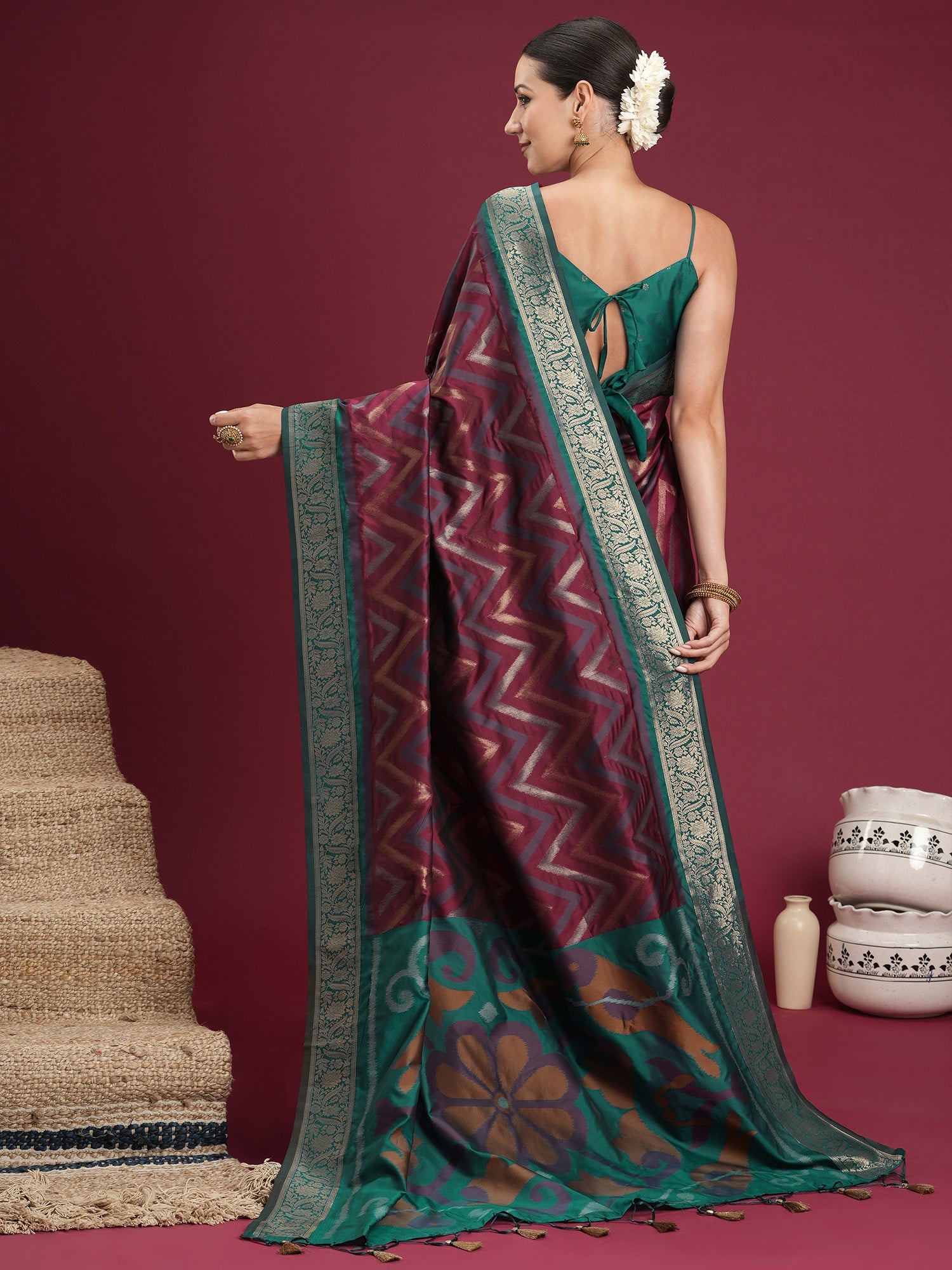 Wine & Teal Banarasi Silk Blend Saree - Ressa