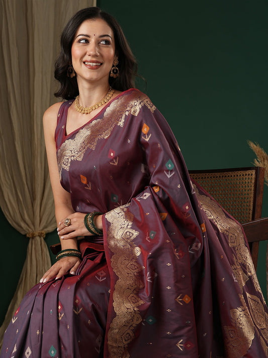 Wine & Teal Banarasi Silk Ikat Weaving - Ressa