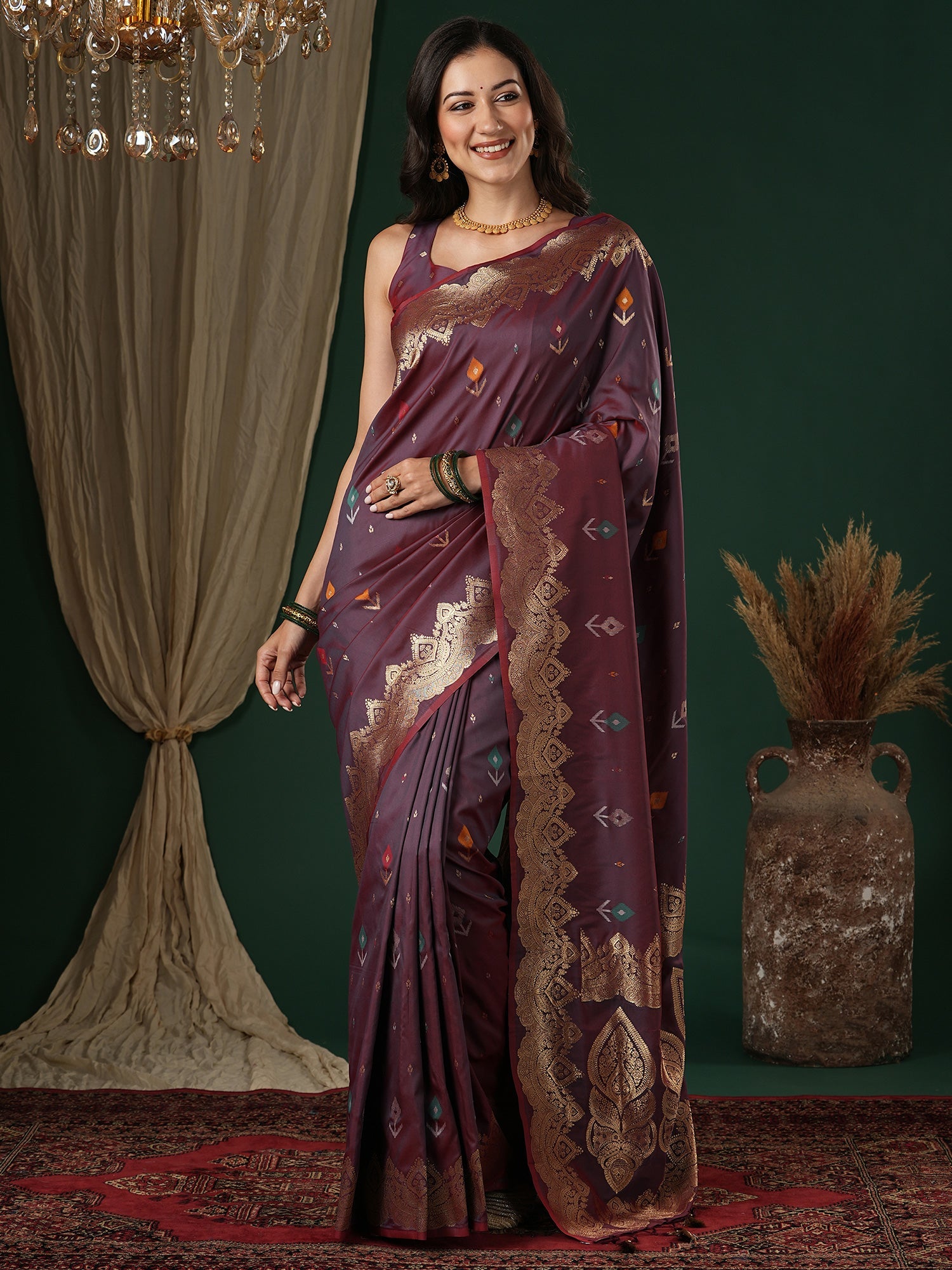 Wine & Teal Banarasi Silk Ikat Weaving - Ressa