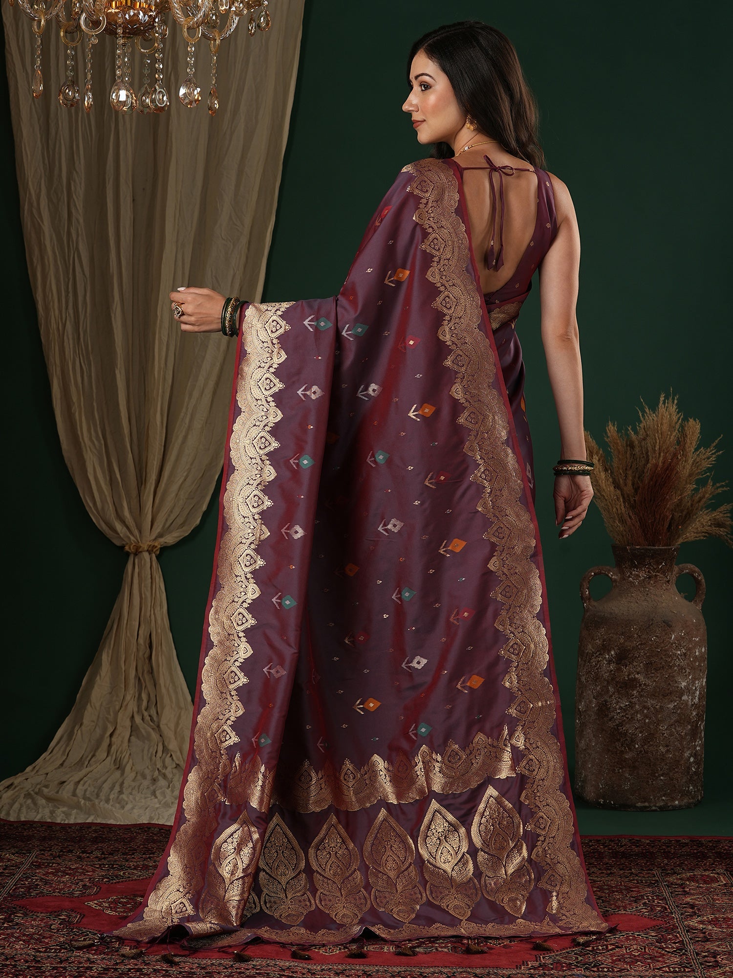 Wine & Teal Banarasi Silk Ikat Weaving - Ressa