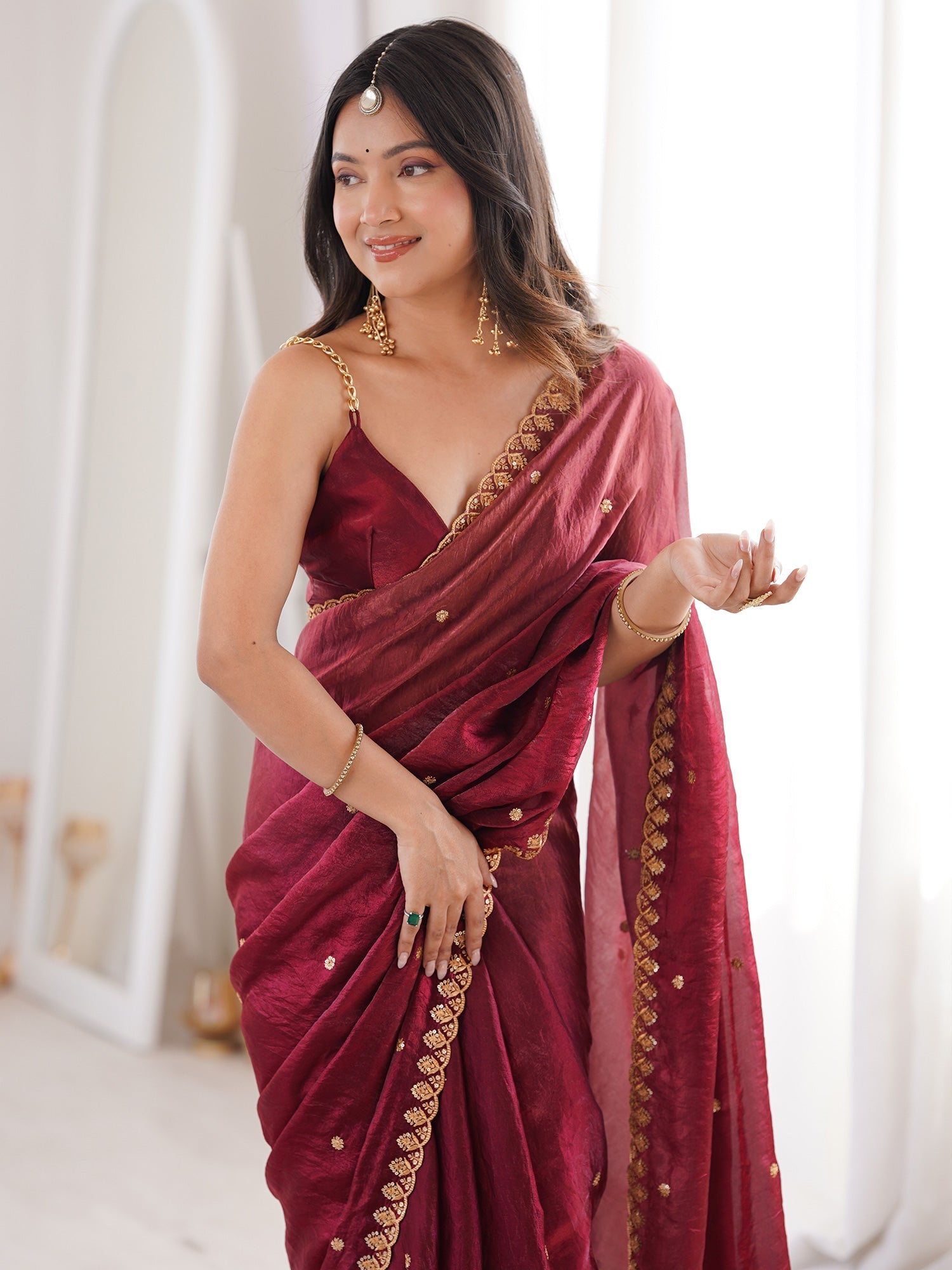 Wine Tissue Silk Saree with Embroidered Border - Ressa