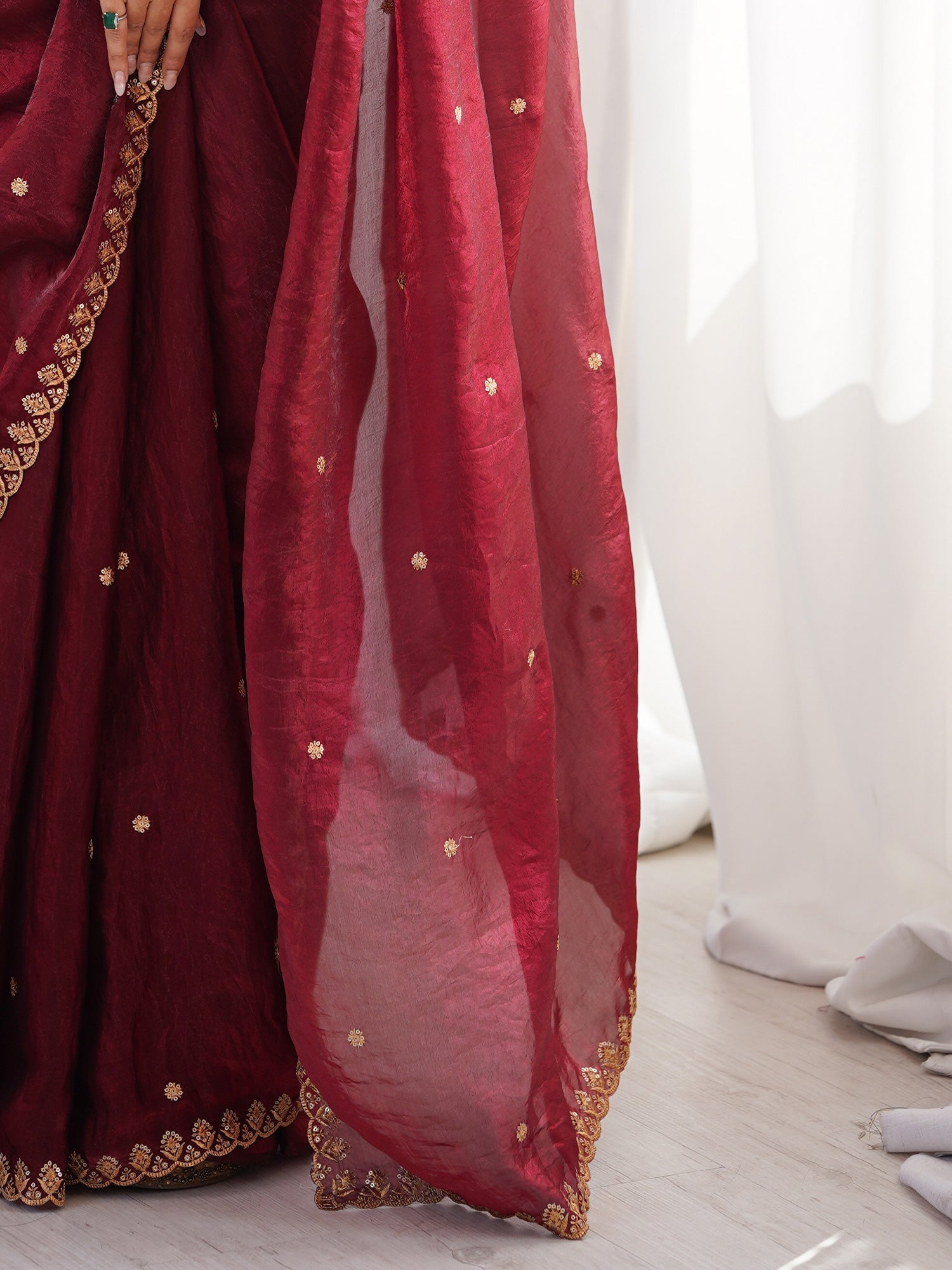 Wine Tissue Silk Saree with Embroidered Border - Ressa