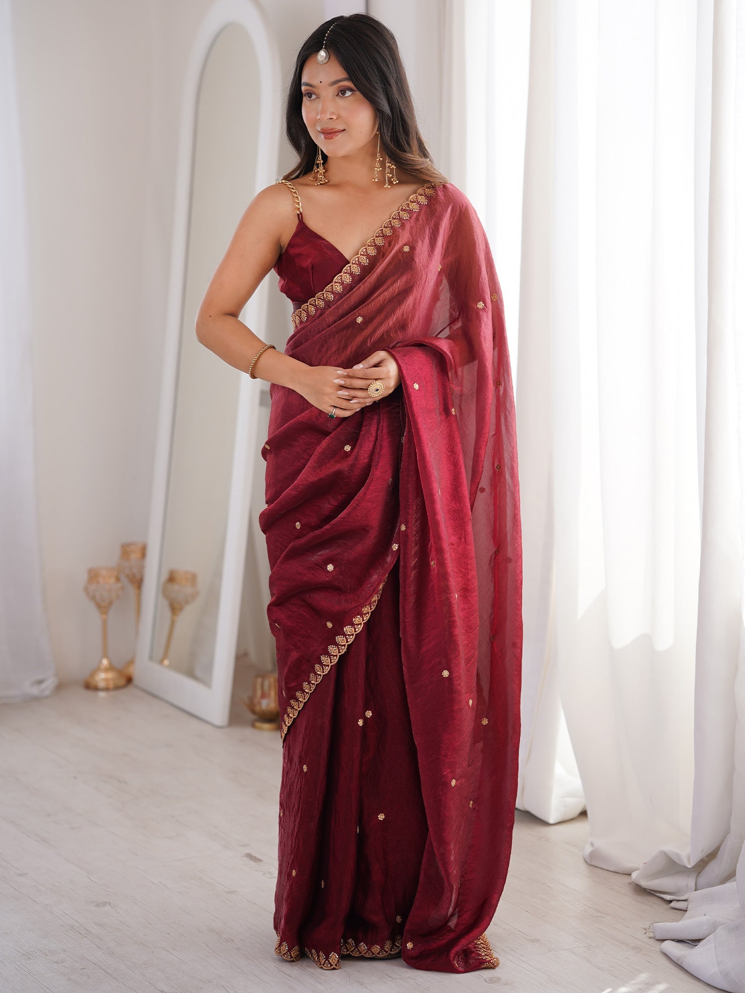 Wine Tissue Silk Saree with Embroidered Border - Ressa