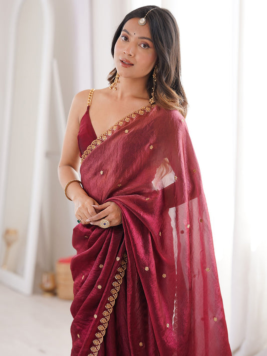 Wine Tissue Silk Saree with Embroidered Border - Ressa