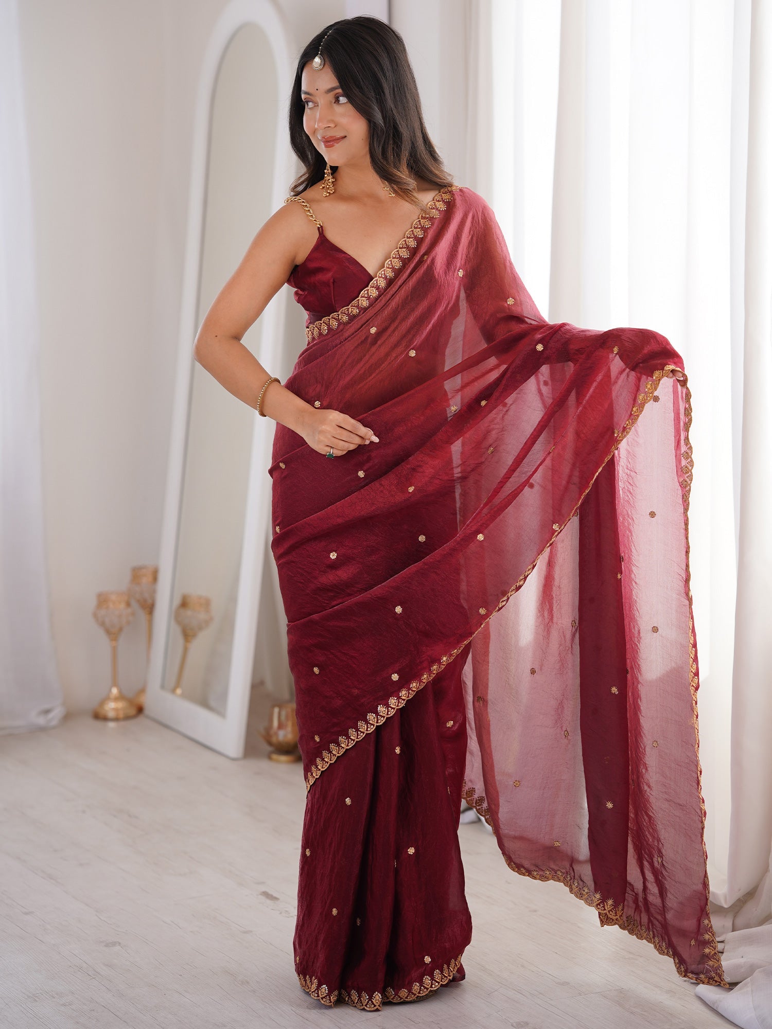 Wine Tissue Silk Saree with Embroidered Border - Ressa