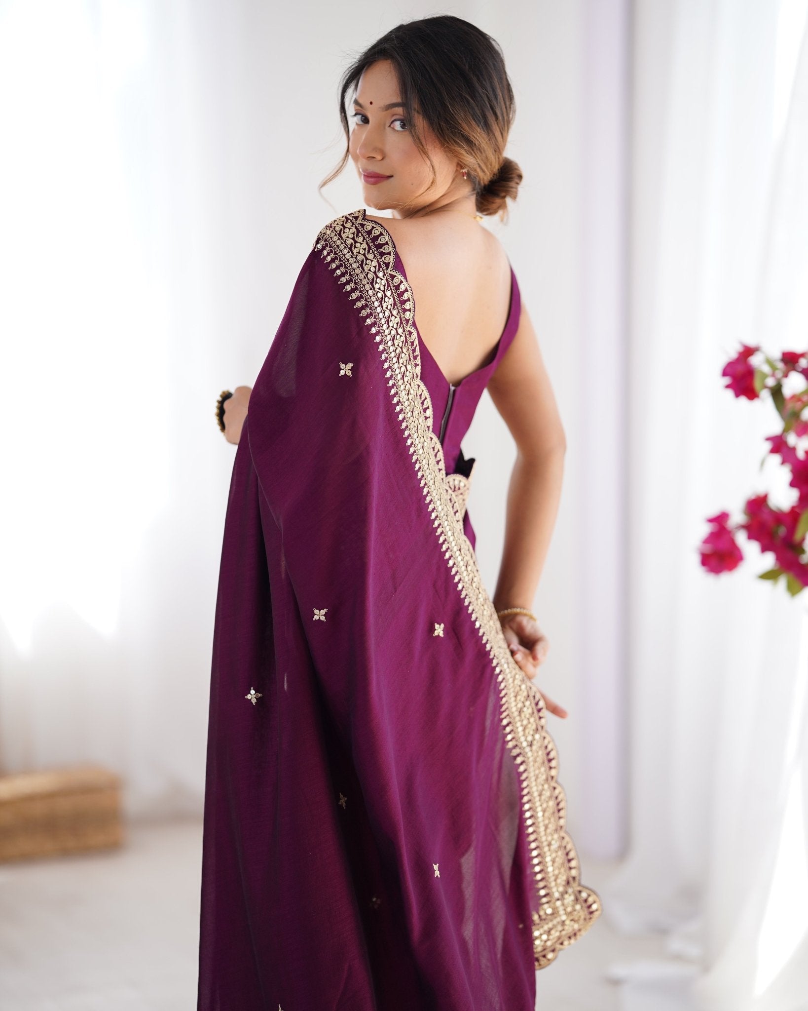 Wine Vichitr Silk Embroidered Saree - Ressa