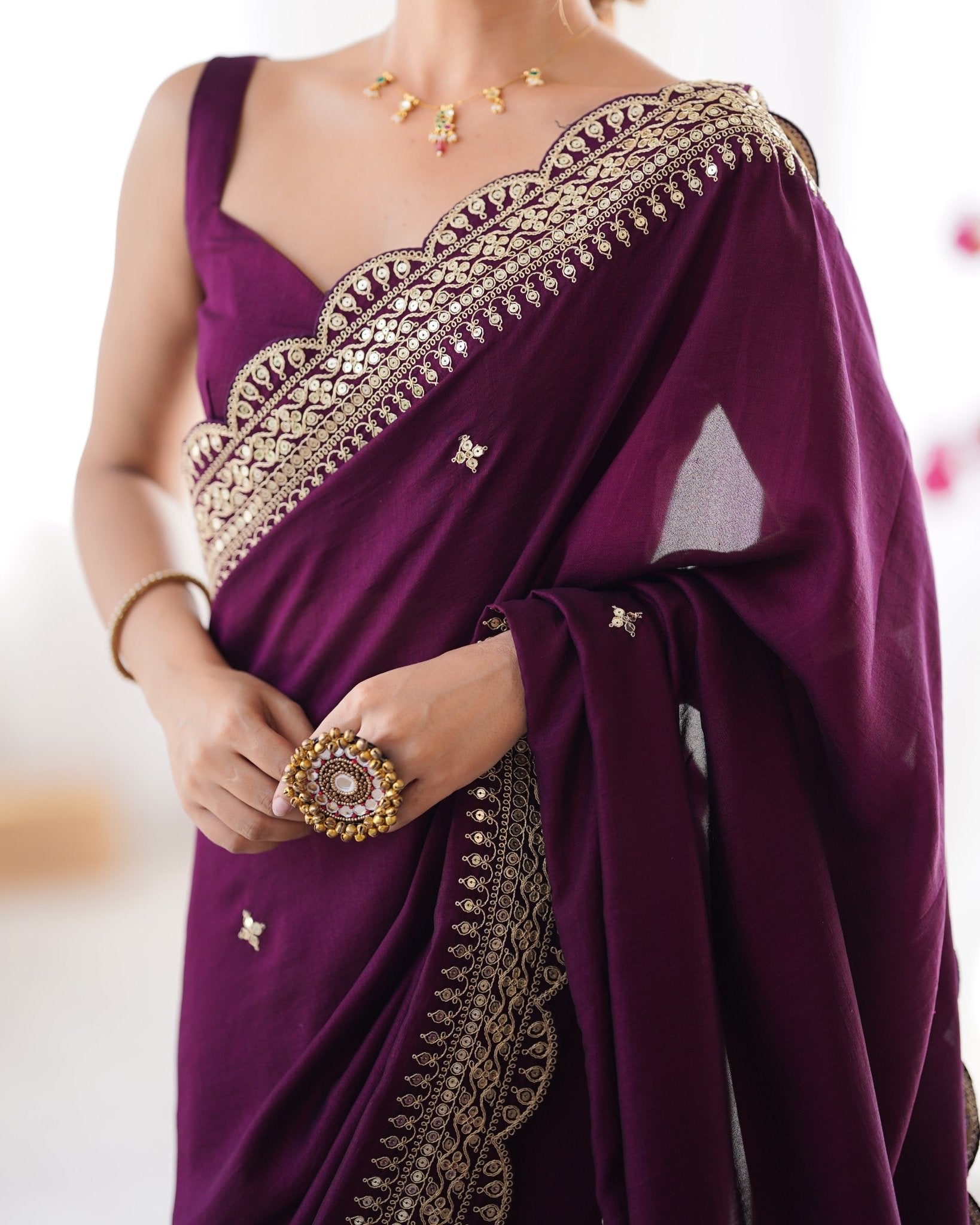 Wine Vichitr Silk Embroidered Saree - Ressa
