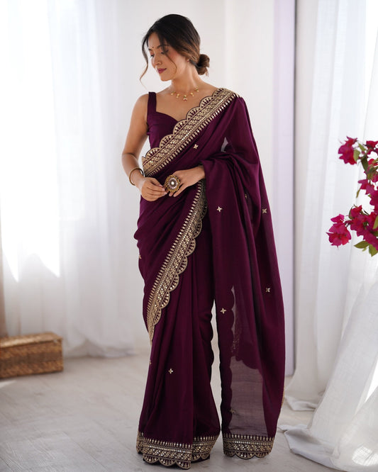 Wine Vichitr Silk Embroidered Saree - Ressa