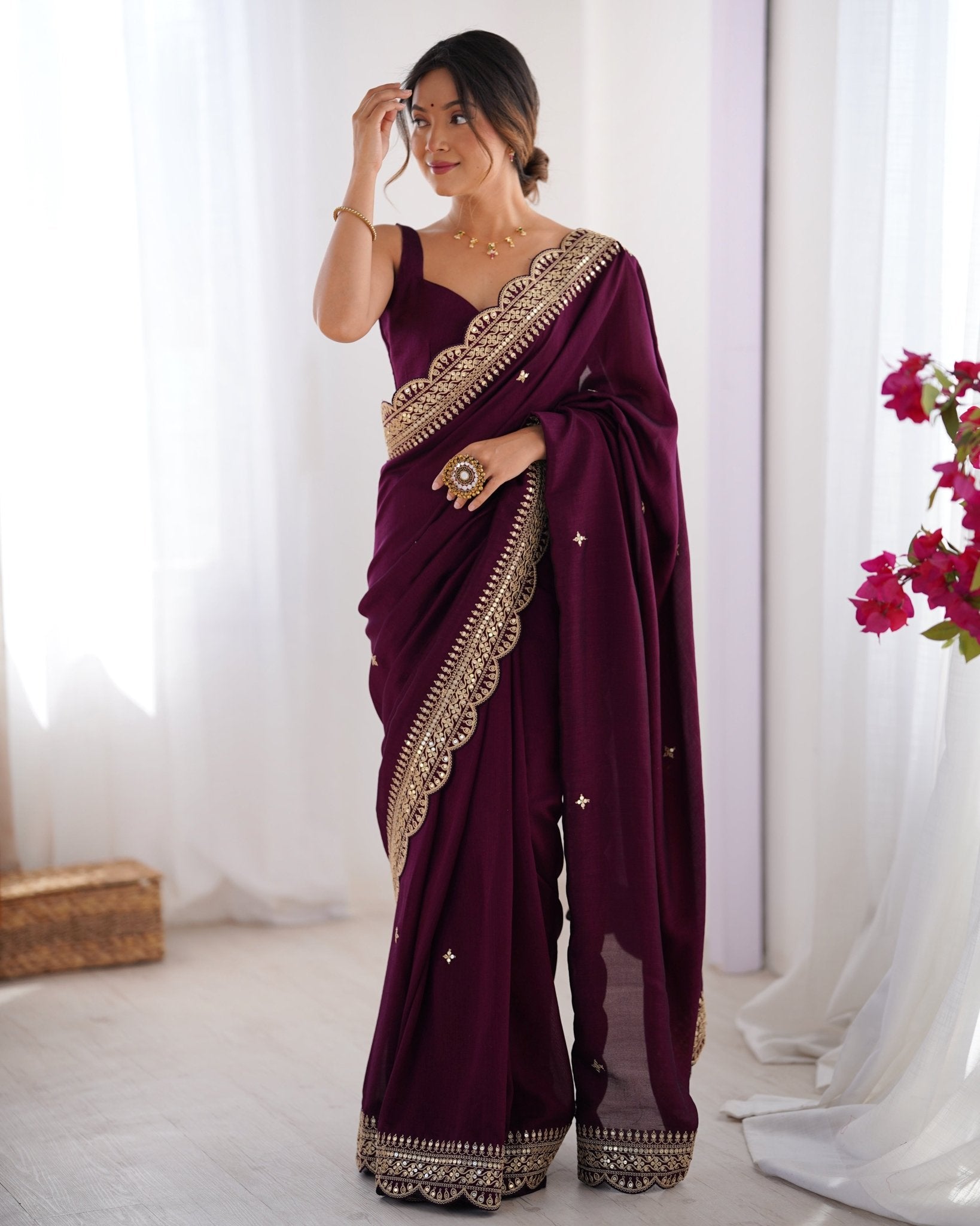 Wine Vichitr Silk Embroidered Saree - Ressa