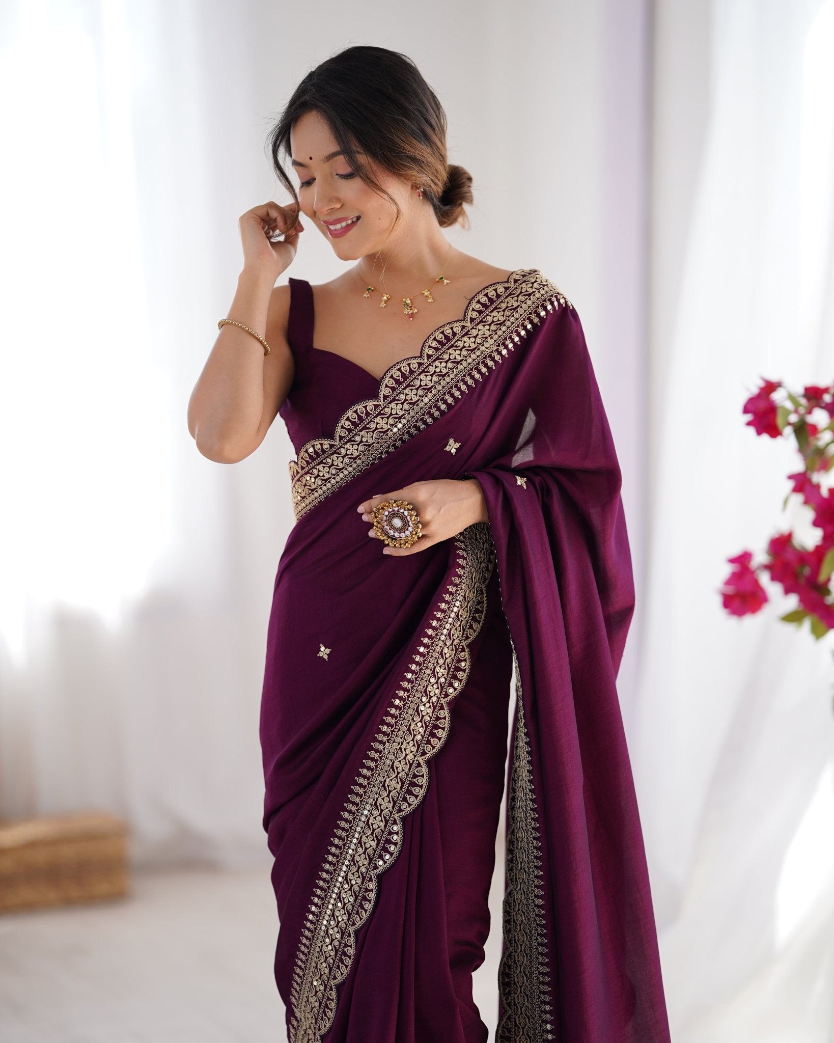 Wine Vichitr Silk Embroidered Saree - Ressa